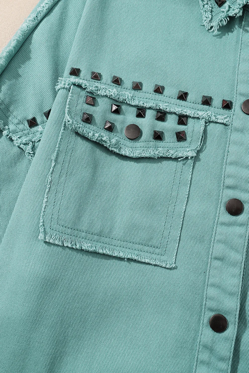 Wholesale Green Frayed Trim Vintage Rivet Denim Jacket