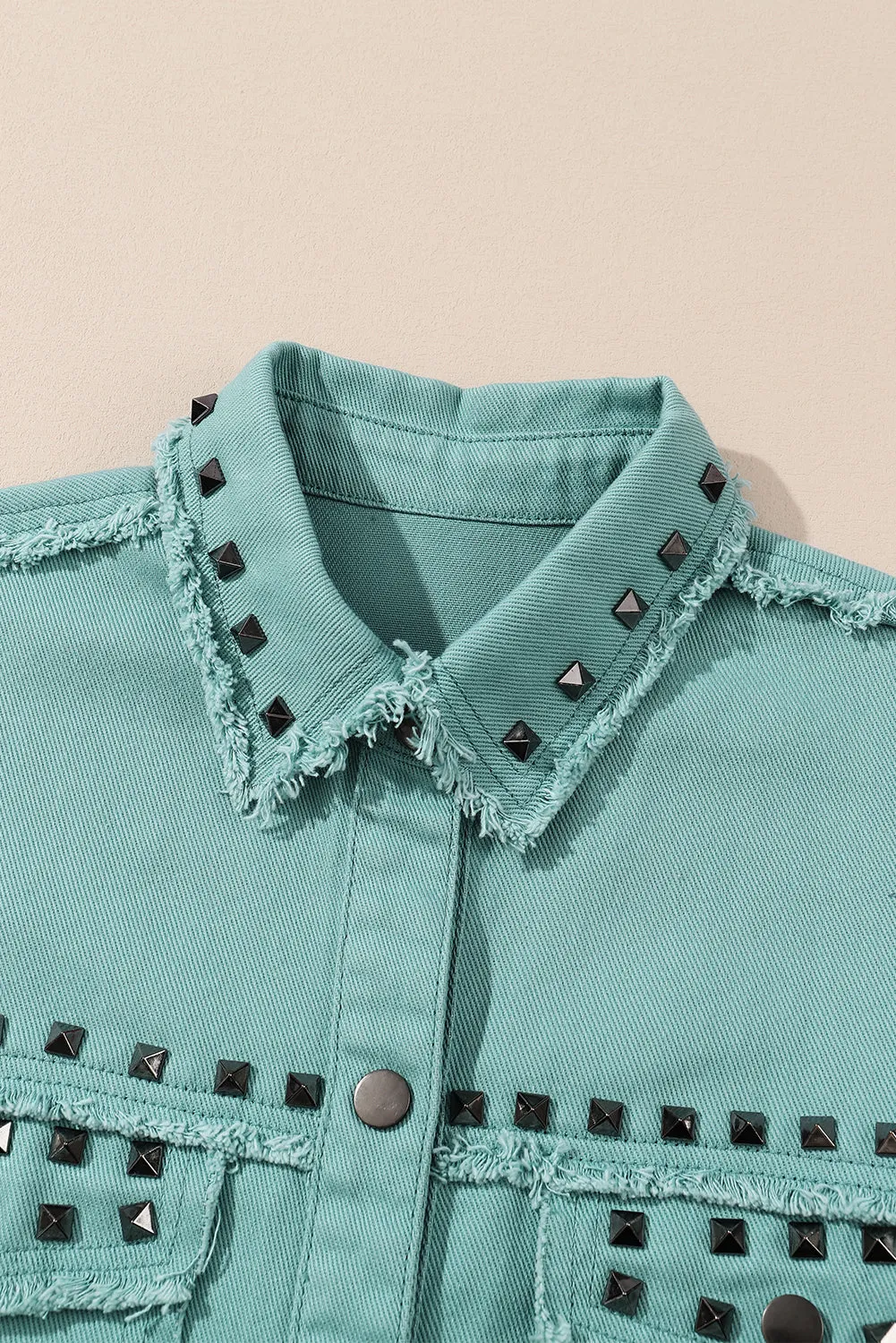 Wholesale Green Frayed Trim Vintage Rivet Denim Jacket