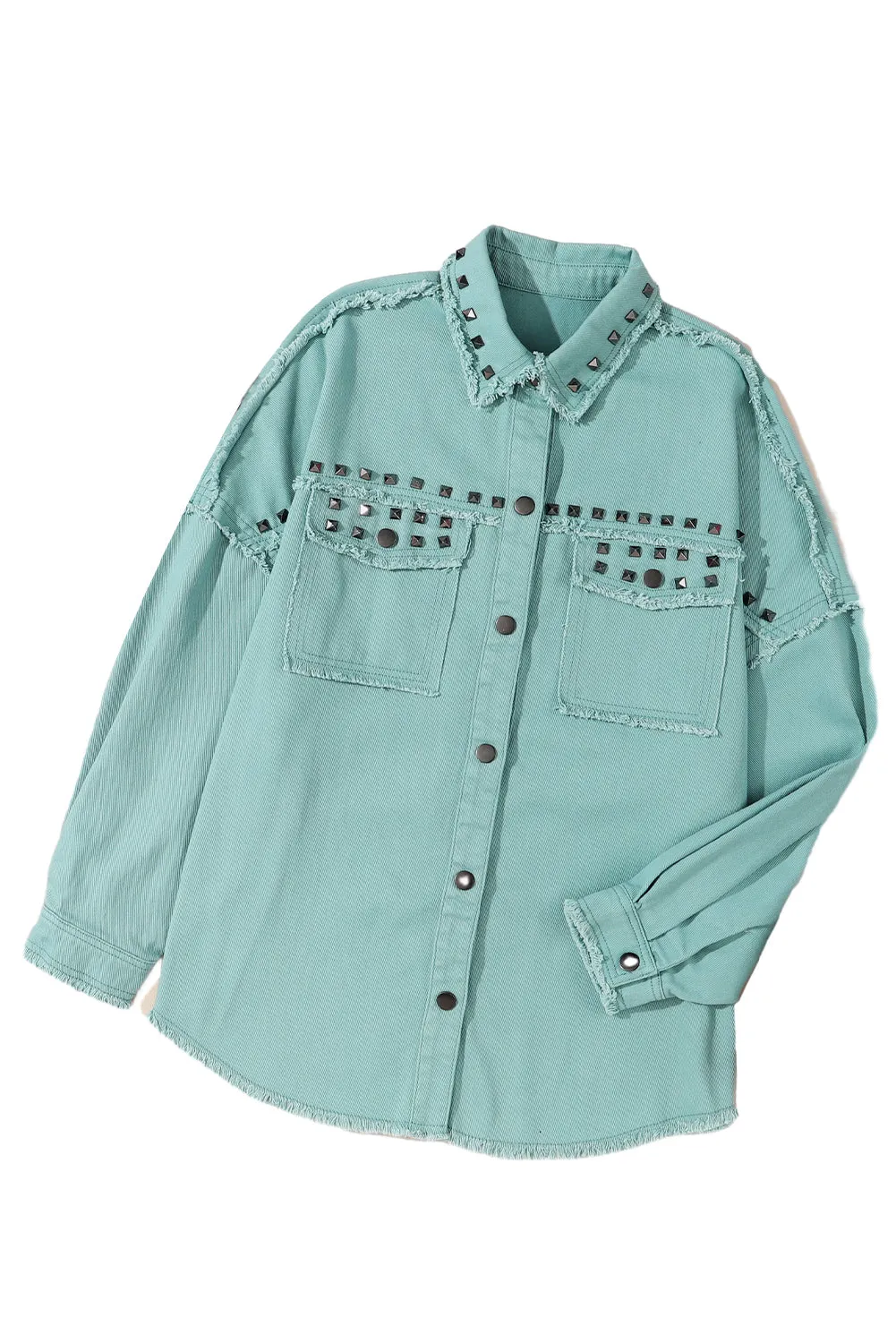 Wholesale Green Frayed Trim Vintage Rivet Denim Jacket