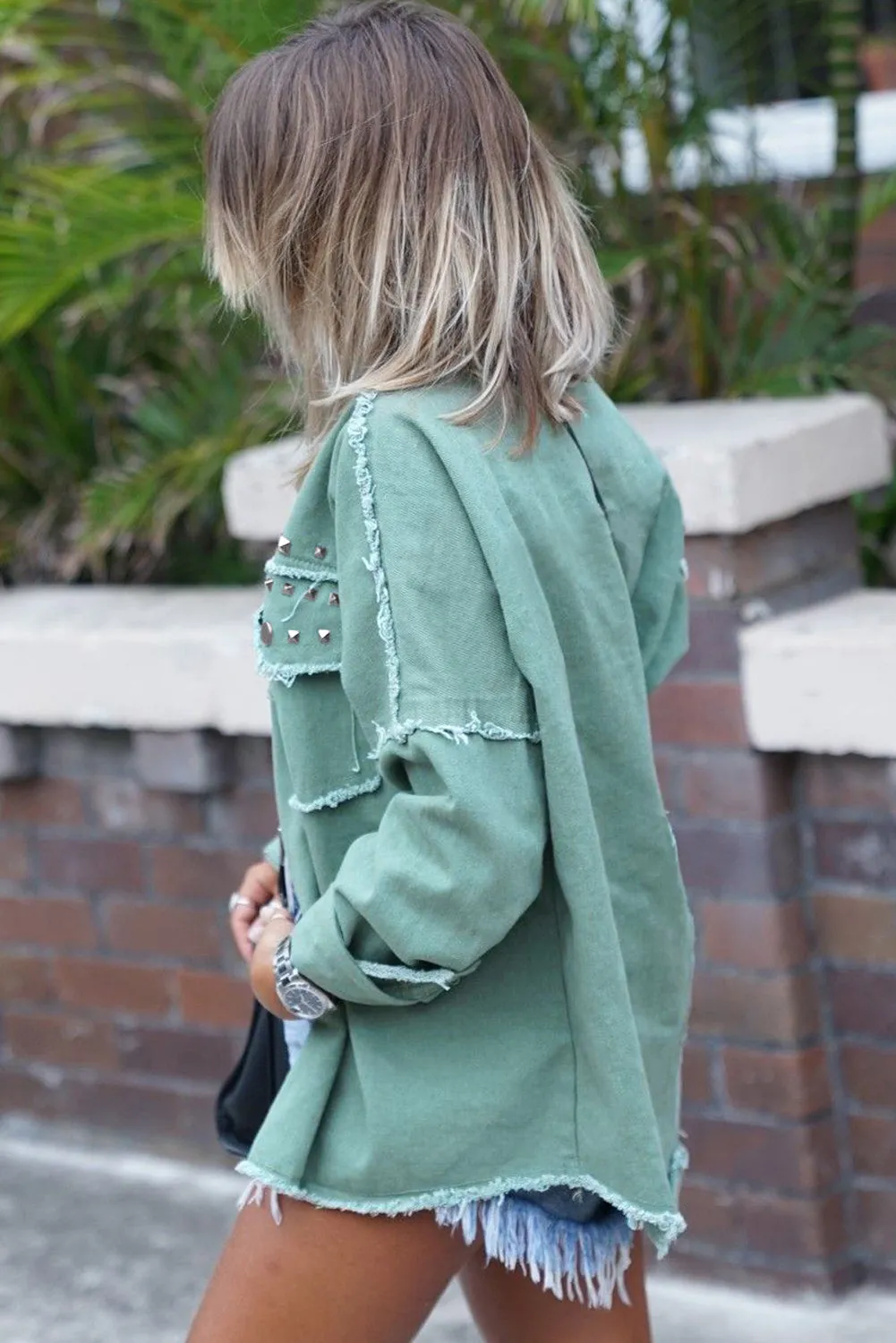 Wholesale Green Frayed Trim Vintage Rivet Denim Jacket