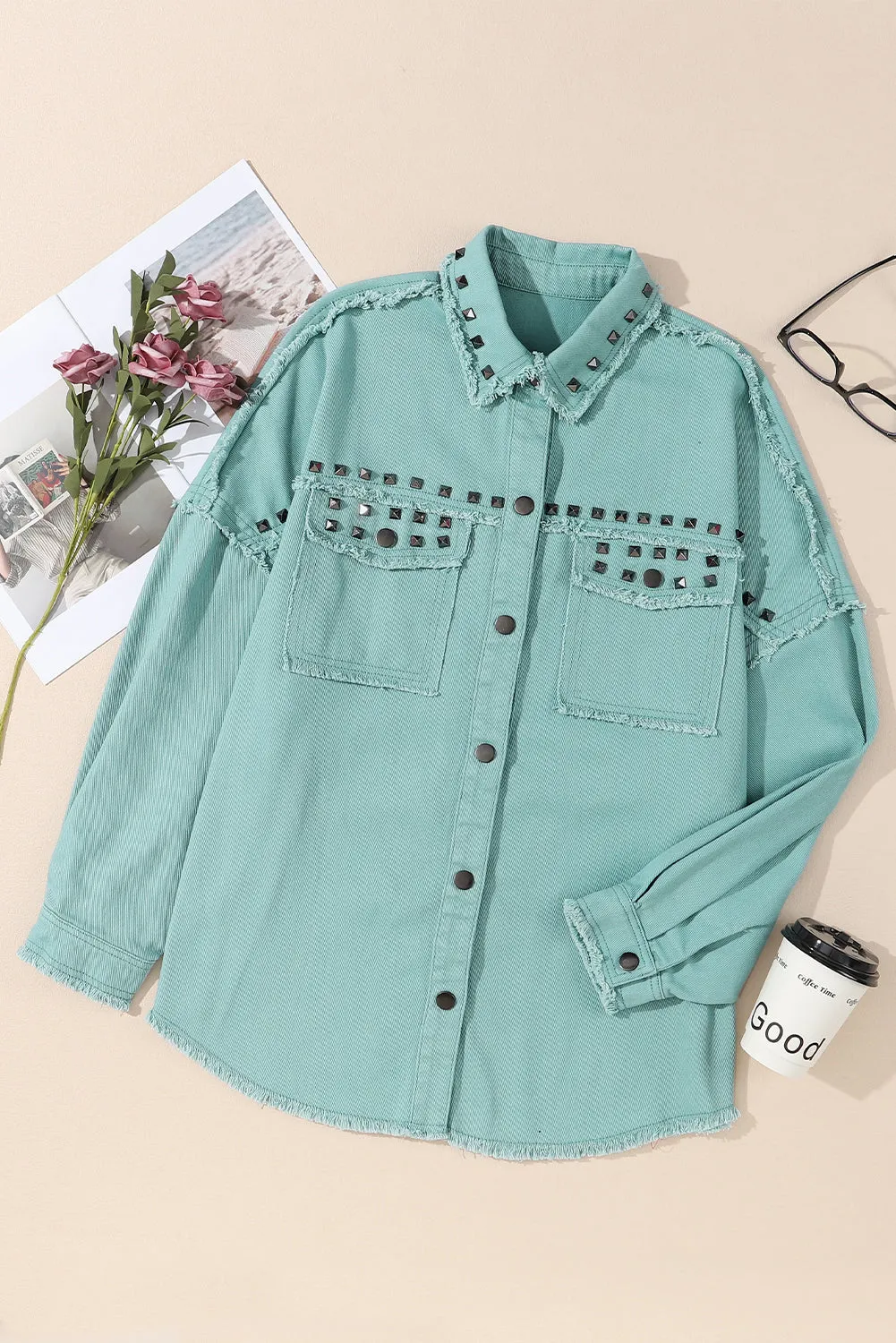 Wholesale Green Frayed Trim Vintage Rivet Denim Jacket