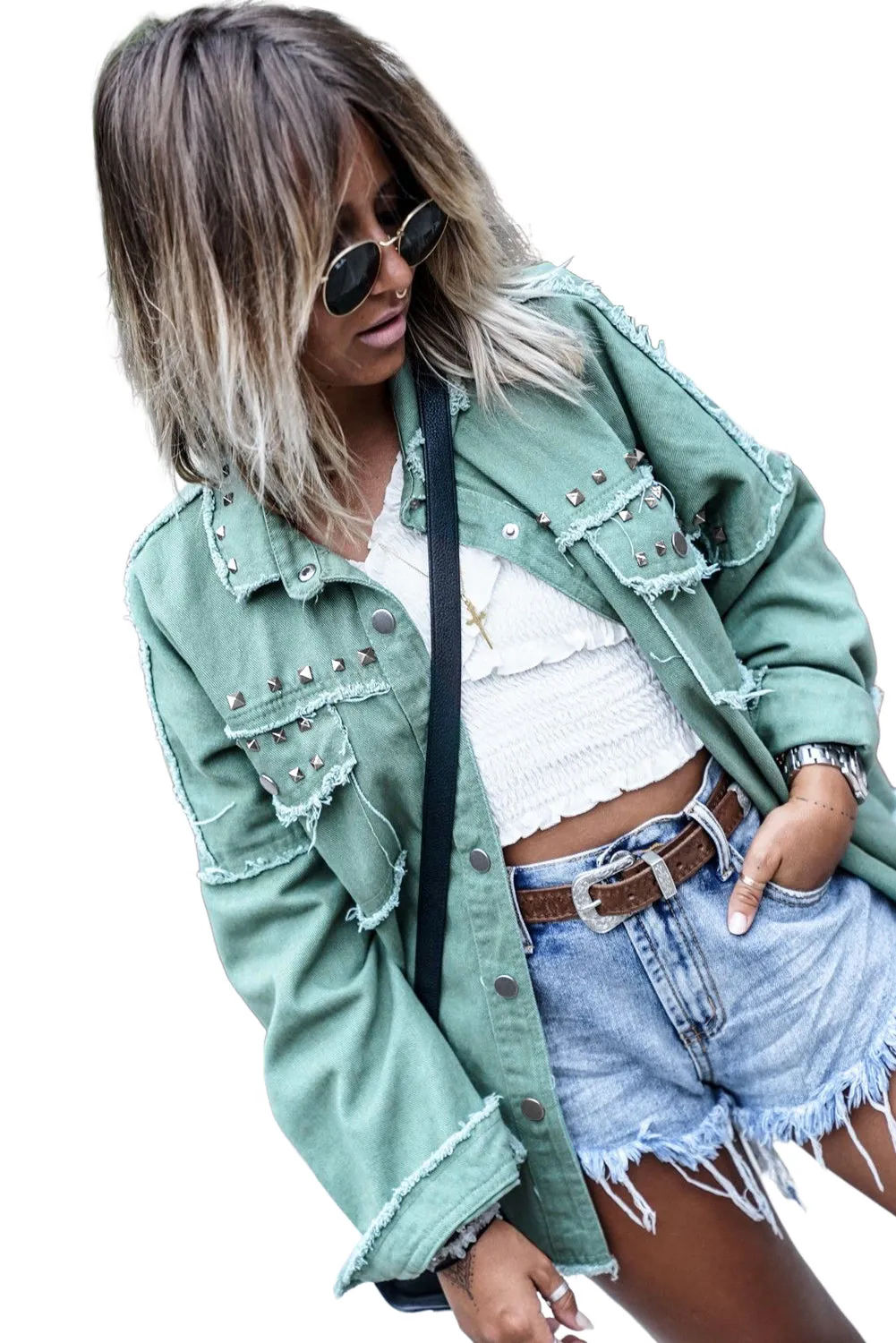 Wholesale Green Frayed Trim Vintage Rivet Denim Jacket