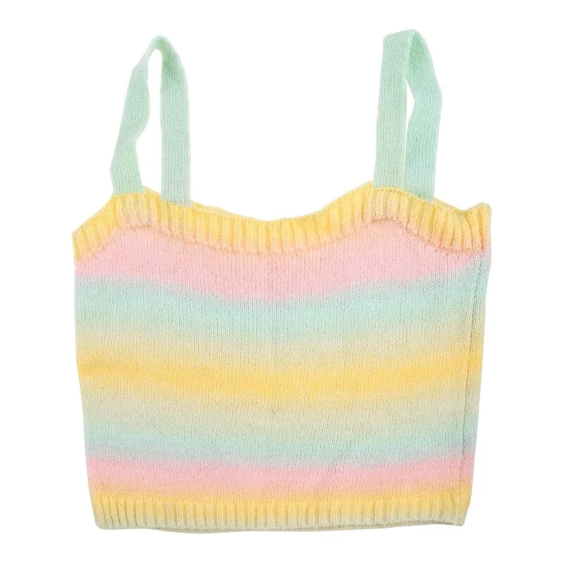 Wjczt Women Rainbow Striped Crop Tops Female Knitted Sleeveless Tank Tops Summer Camisoles Sweet Girls Casual Party Daily Club Vest