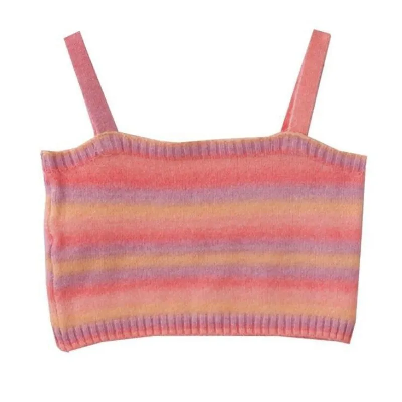 Wjczt Women Rainbow Striped Crop Tops Female Knitted Sleeveless Tank Tops Summer Camisoles Sweet Girls Casual Party Daily Club Vest