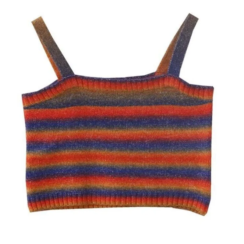 Wjczt Women Rainbow Striped Crop Tops Female Knitted Sleeveless Tank Tops Summer Camisoles Sweet Girls Casual Party Daily Club Vest