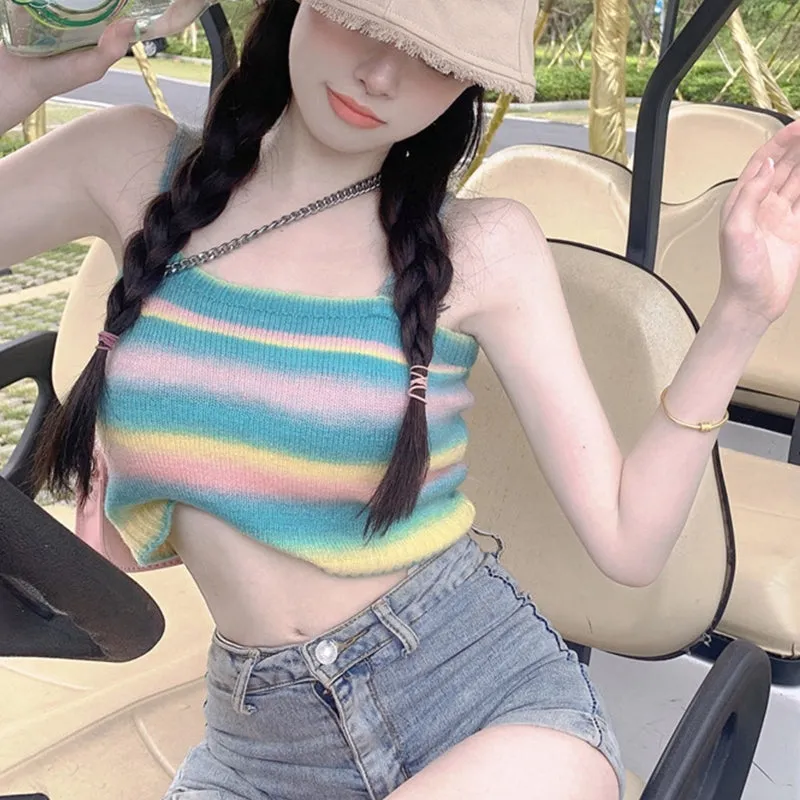 Wjczt Women Rainbow Striped Crop Tops Female Knitted Sleeveless Tank Tops Summer Camisoles Sweet Girls Casual Party Daily Club Vest