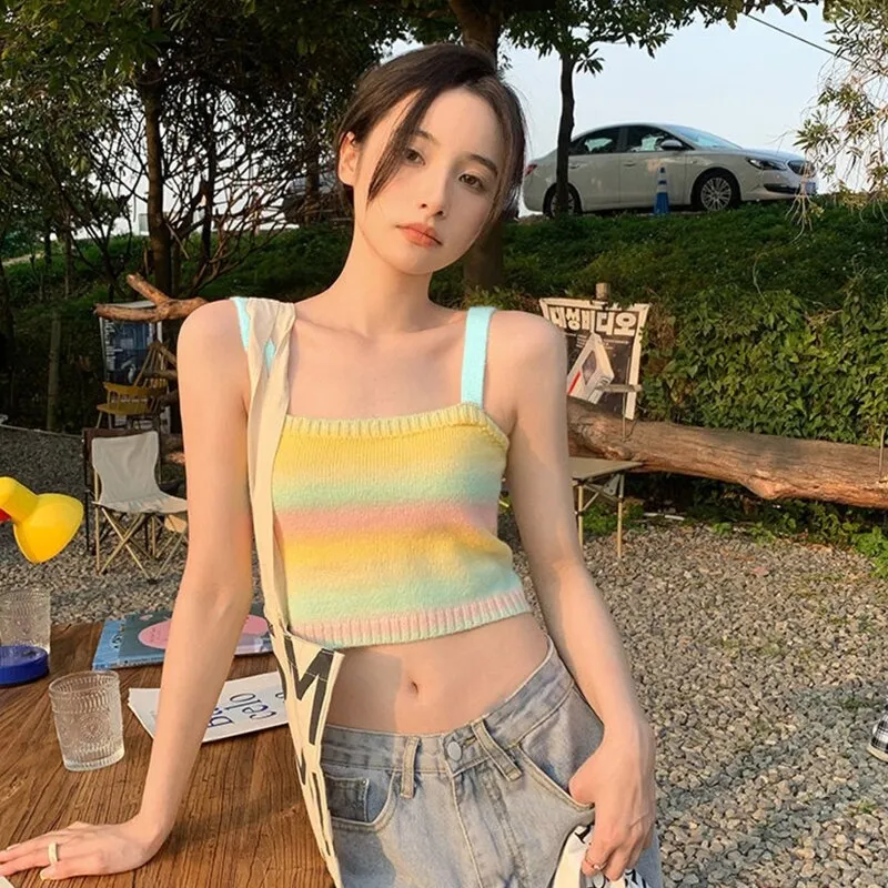 Wjczt Women Rainbow Striped Crop Tops Female Knitted Sleeveless Tank Tops Summer Camisoles Sweet Girls Casual Party Daily Club Vest