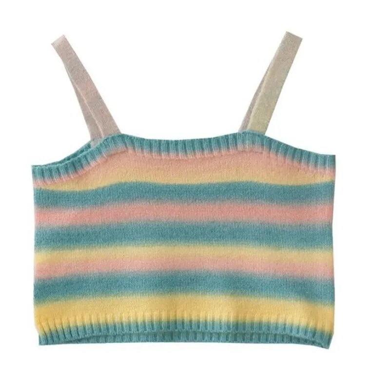 Wjczt Women Rainbow Striped Crop Tops Female Knitted Sleeveless Tank Tops Summer Camisoles Sweet Girls Casual Party Daily Club Vest