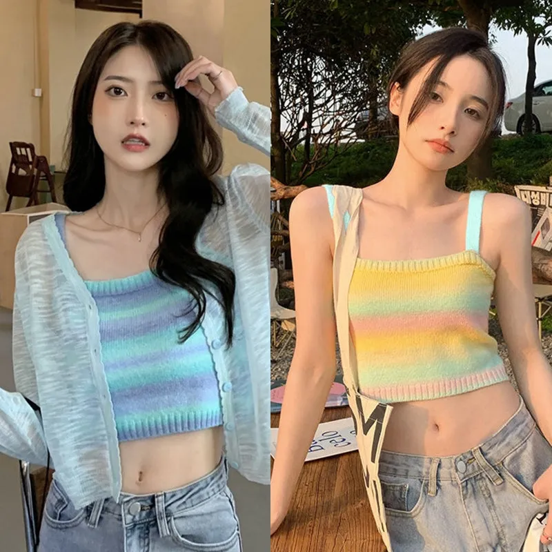 Wjczt Women Rainbow Striped Crop Tops Female Knitted Sleeveless Tank Tops Summer Camisoles Sweet Girls Casual Party Daily Club Vest