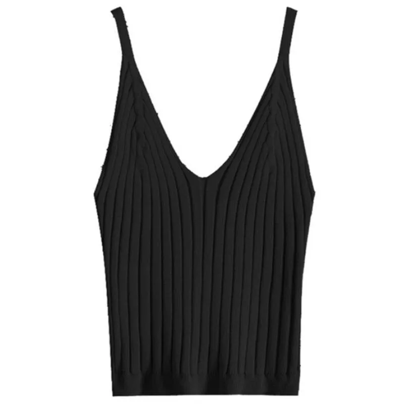 Wjczt Women Sexy Sleeveless Crop Tank Top Ribbed Knitted Spaghetti Strap Camisole Deep Sexy V-Neck Solid Basic Elastic Slim Sling Vest