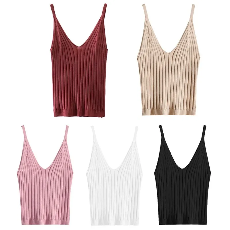 Wjczt Women Sexy Sleeveless Crop Tank Top Ribbed Knitted Spaghetti Strap Camisole Deep Sexy V-Neck Solid Basic Elastic Slim Sling Vest