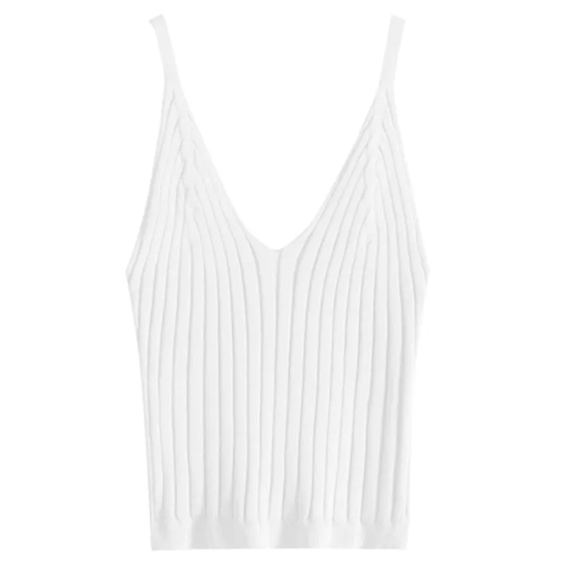 Wjczt Women Sexy Sleeveless Crop Tank Top Ribbed Knitted Spaghetti Strap Camisole Deep Sexy V-Neck Solid Basic Elastic Slim Sling Vest