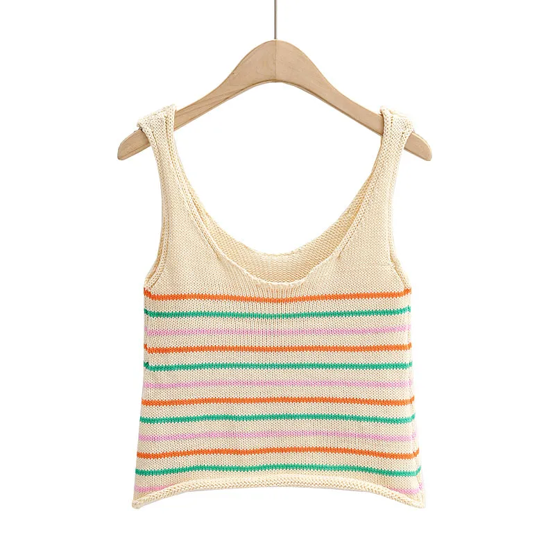 Women Clothing Summer Colorful Striped Knitted Wide Strap Rolled Edge Vest Striped Knitted Sexy Shorts