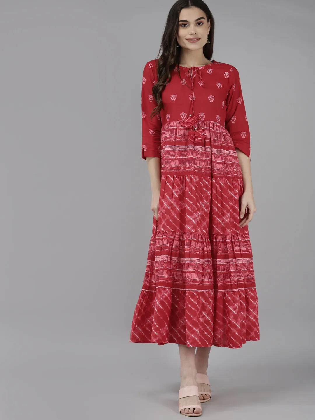 Women Red & Off White Pure Cotton Ethnic Motifs A-Line Midi Dress