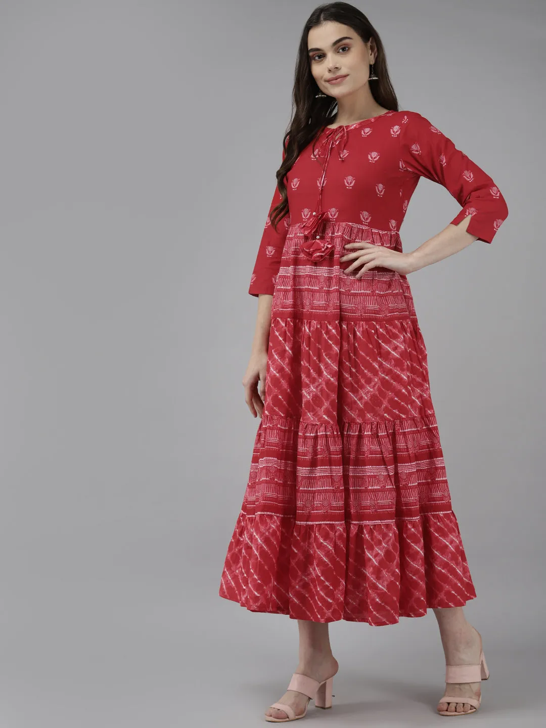 Women Red & Off White Pure Cotton Ethnic Motifs A-Line Midi Dress