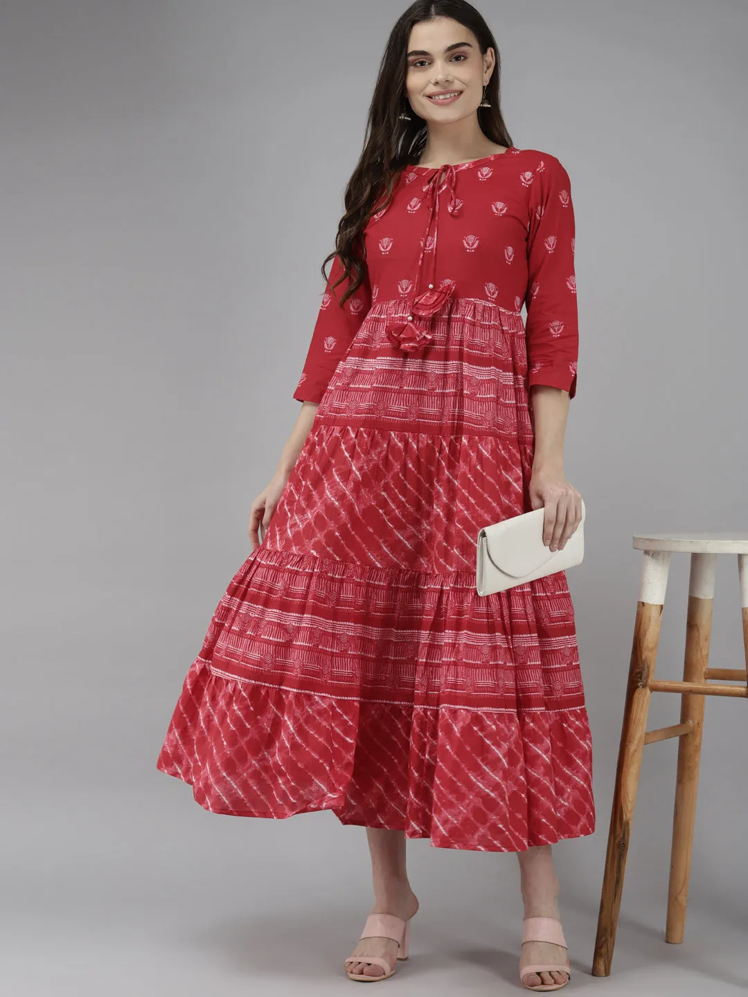 Women Red & Off White Pure Cotton Ethnic Motifs A-Line Midi Dress