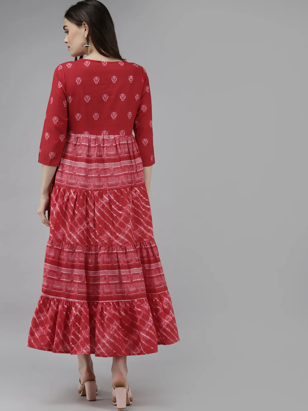 Women Red & Off White Pure Cotton Ethnic Motifs A-Line Midi Dress